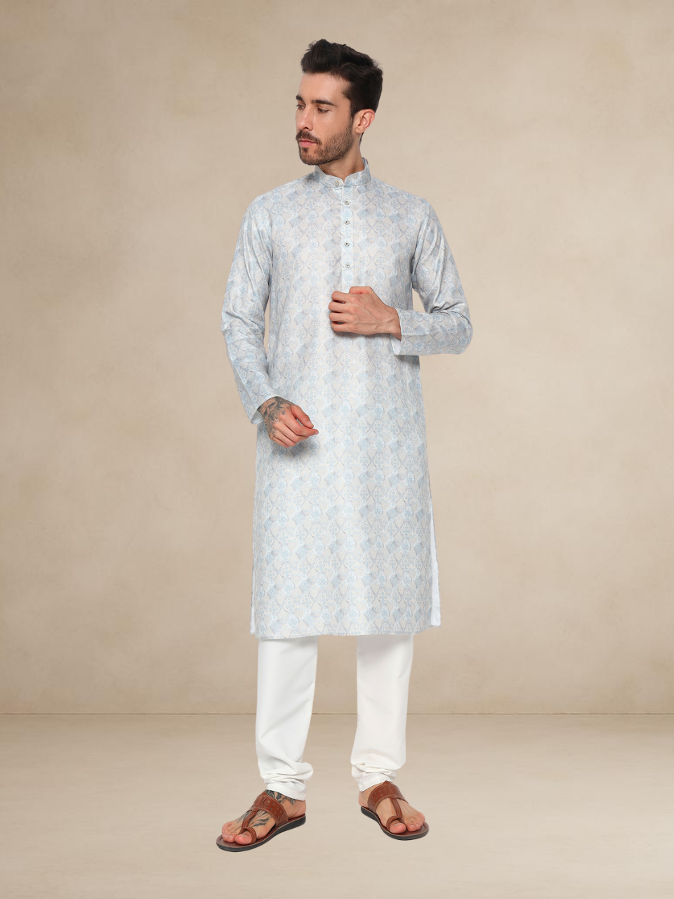 Aqua Blue Printed Kurta Pyjama with Matching Nehru Jacket