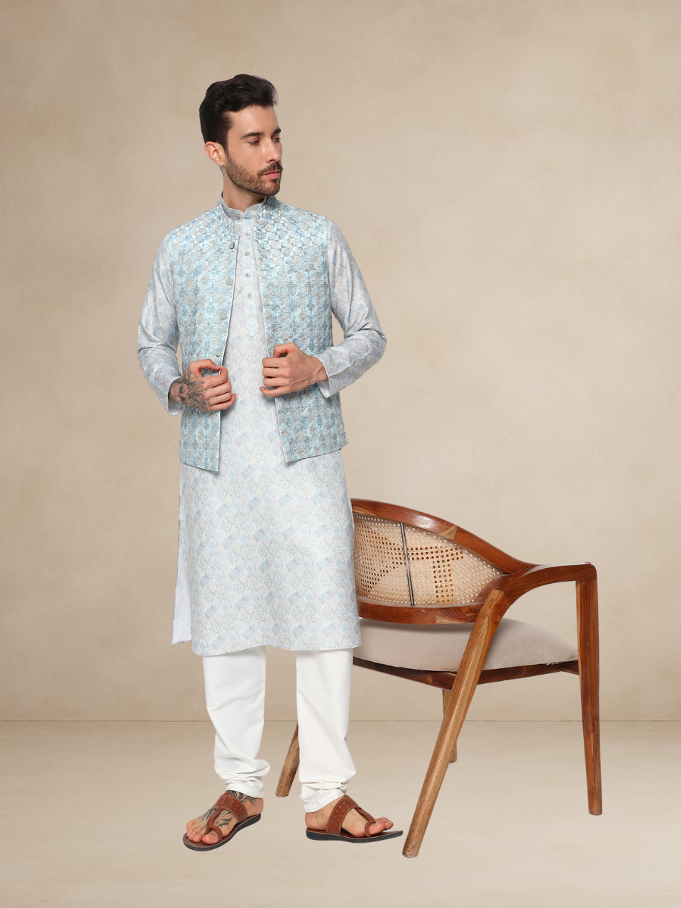 Aqua Blue Printed Kurta Pyjama with Matching Nehru Jacket