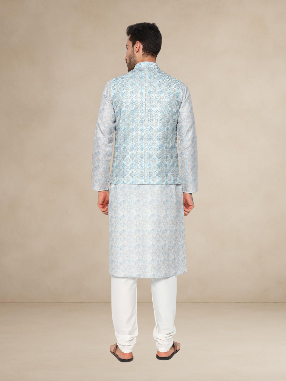 Aqua Blue Printed Kurta Pyjama with Matching Nehru Jacket