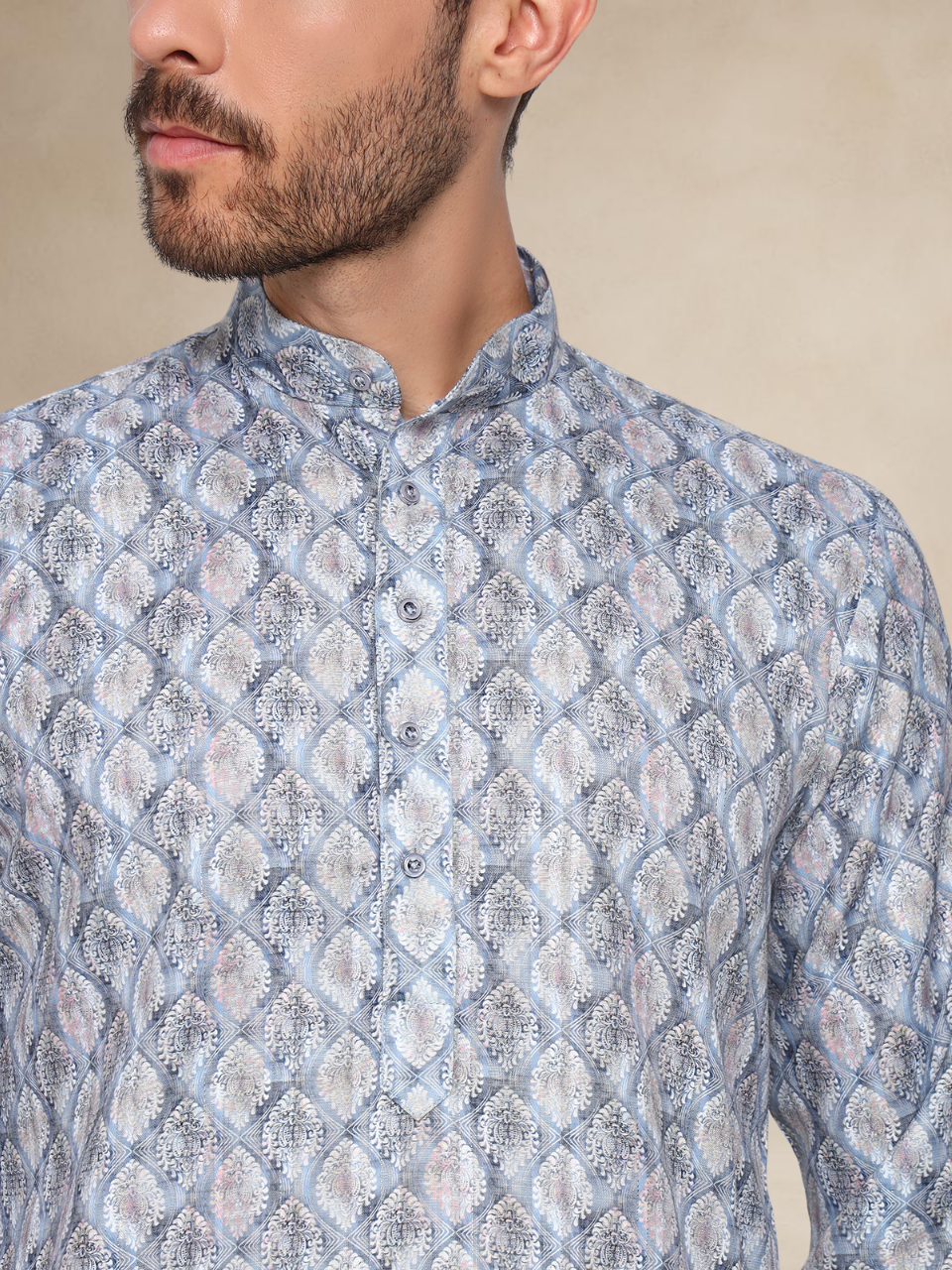 Dusty Blue Printed Kurta Pyjama Set for Men