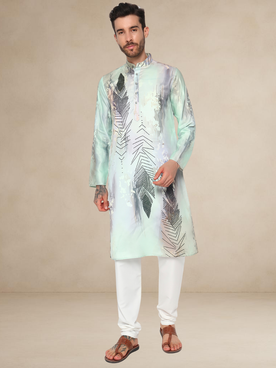 Designer Kurta Pyjama Set – Abstract Leaf Print | Bettino mint green