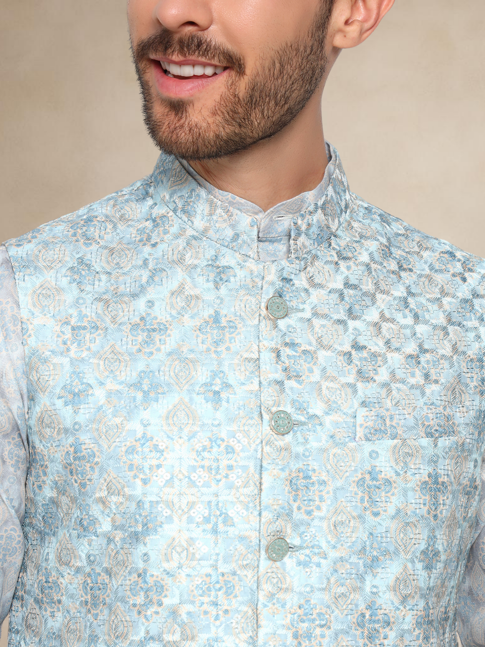 Aqua Blue Printed Kurta Pyjama with Matching Nehru Jacket