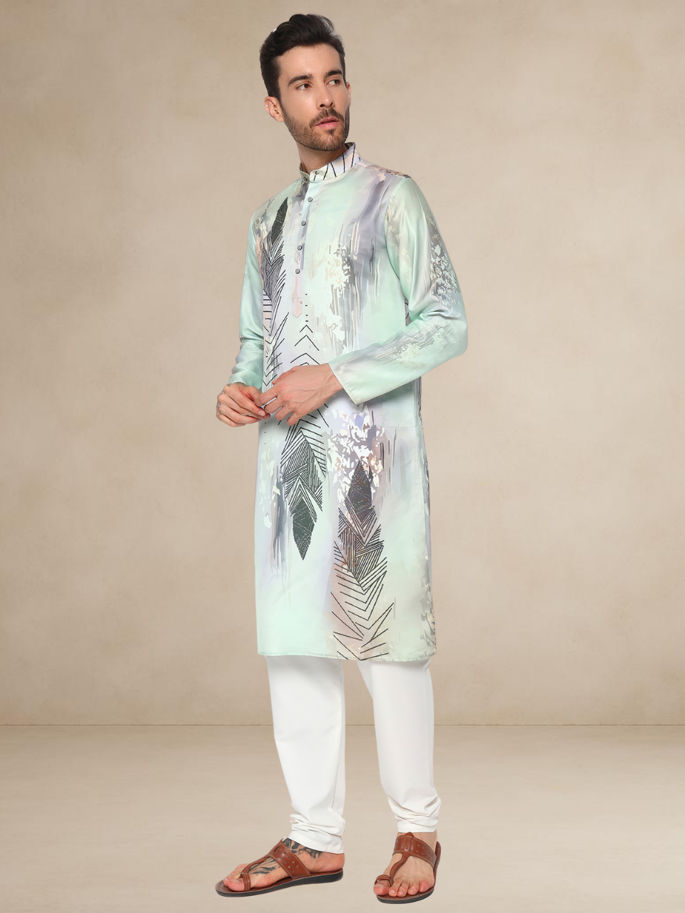 Designer Kurta Pyjama Set – Abstract Leaf Print | Bettino mint green