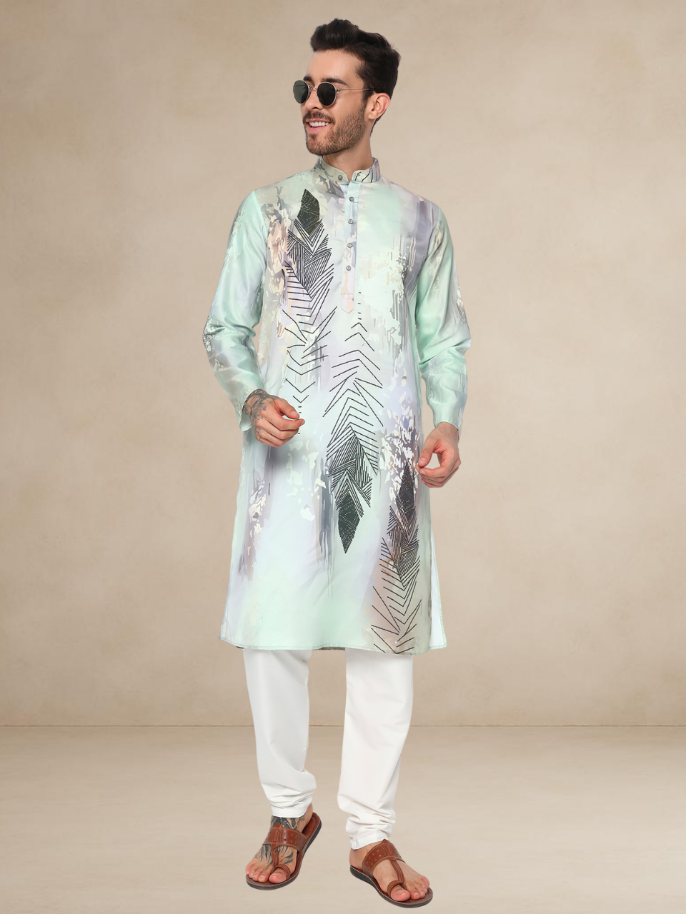 Designer Kurta Pyjama Set – Abstract Leaf Print | Bettino mint green