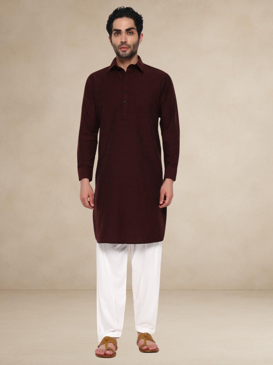 Maroon Abstract-Embroidered Popover Pathani Suit