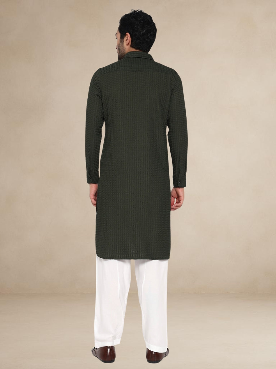 Olive Green Waffle-Textured Pathani Suit
