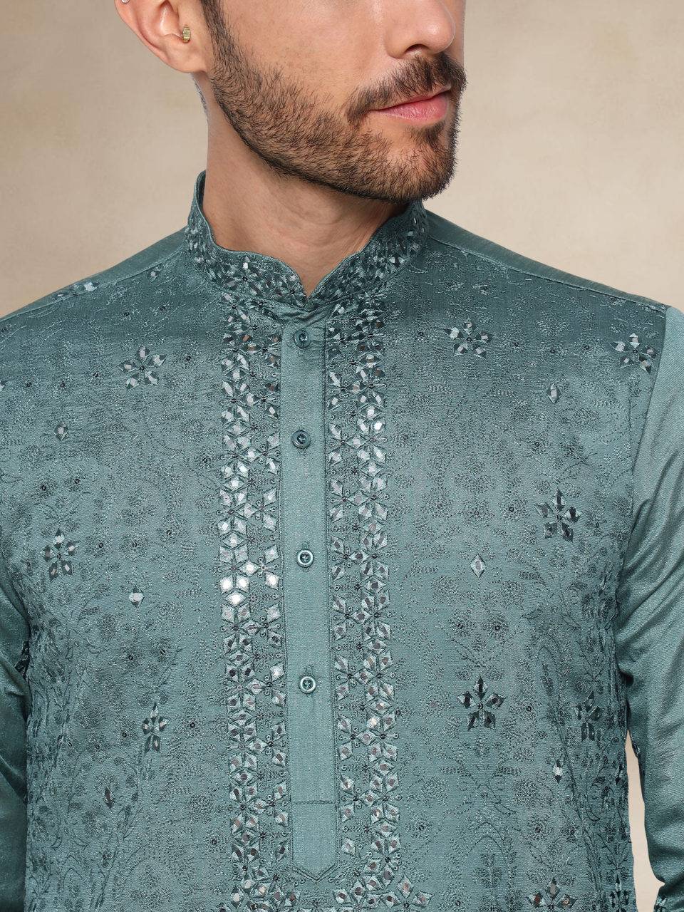 Pista Green Embroidered Kurta Pyjama Set for Men