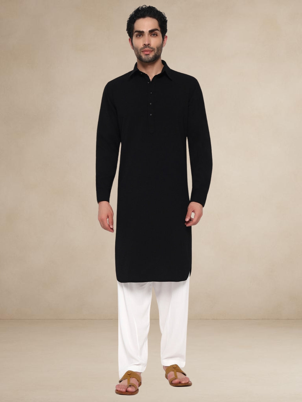 Plain Black Textured Button-Up Pathani Suit