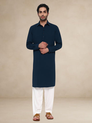 Textured Button-Up Pathani Suit - Teal