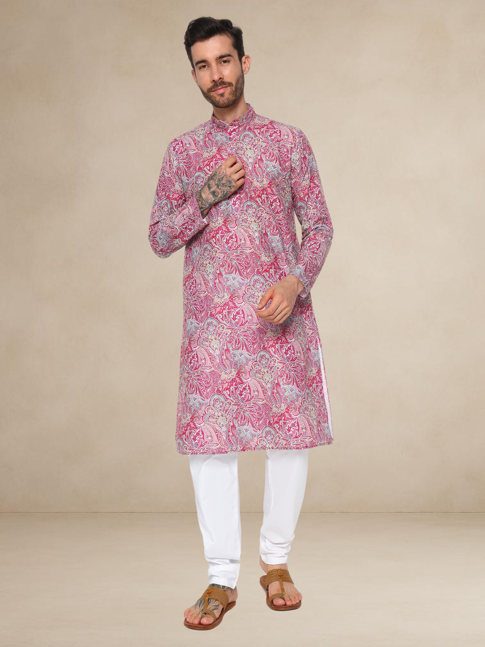 Floral Printed Kurta Pyjama Set Pink