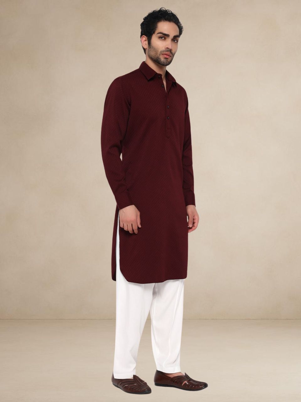 Burgundy Herringbone-Textured Popover Pathani Suit