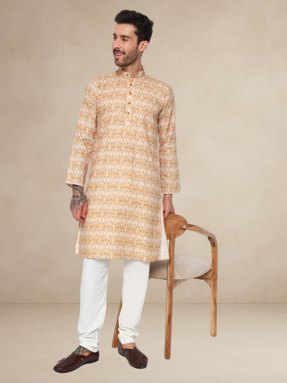 Yellow Printed Kurta Pyjama Set for Men