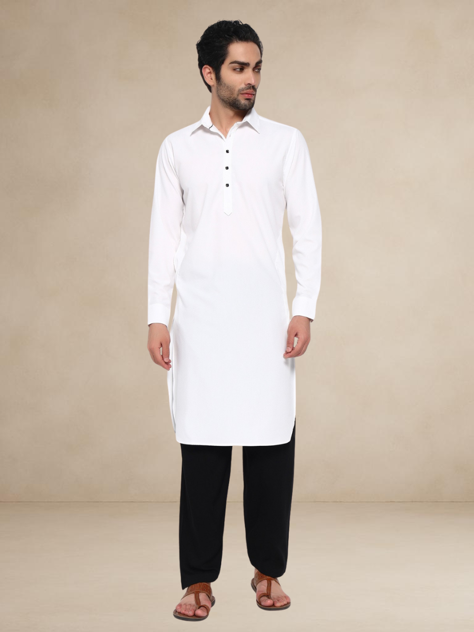 White Textured Button-Up Pathani Suit