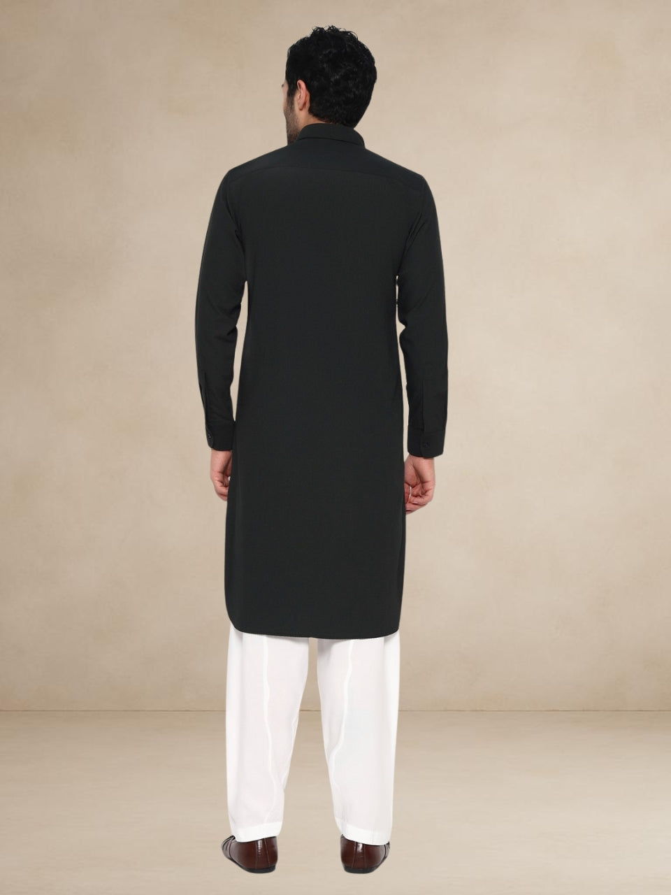 Black Textured Button-Up Pathani Suit