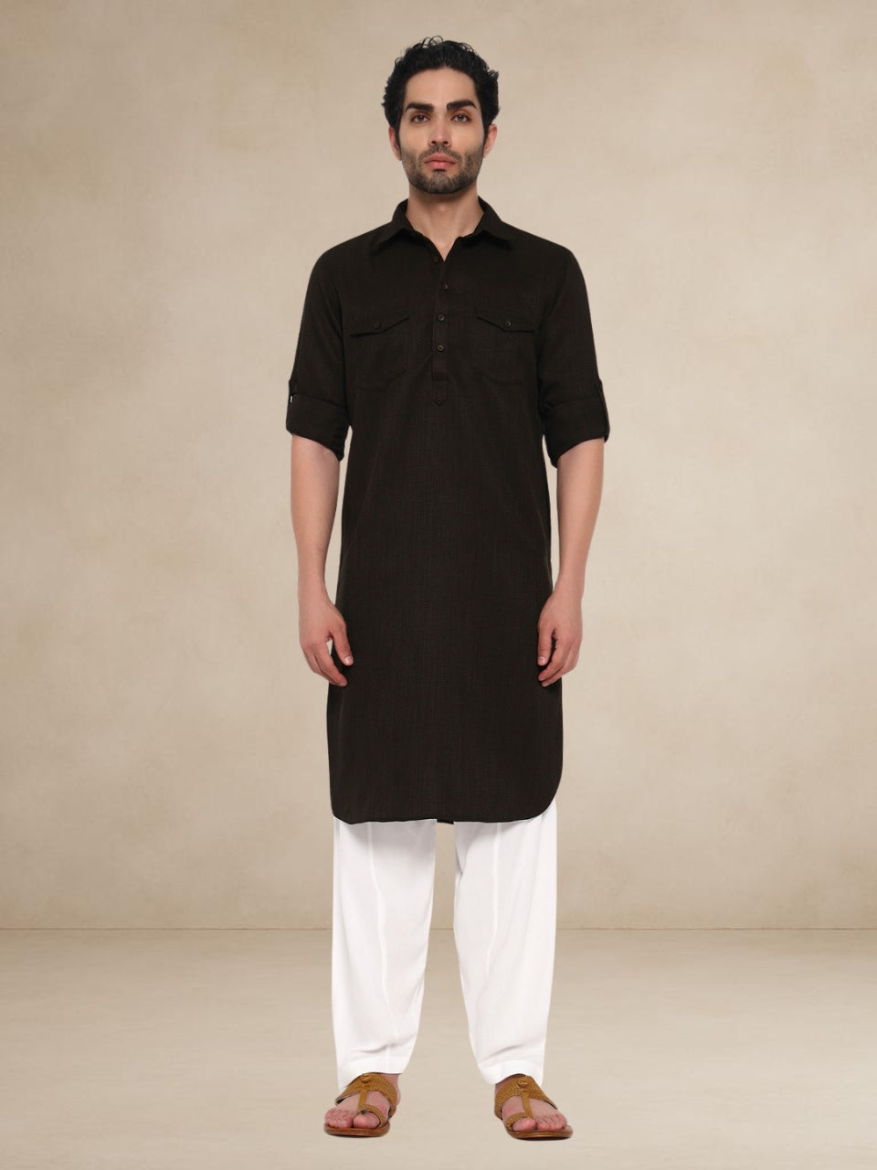 Textured Utility Pathani Suit Olive Brown