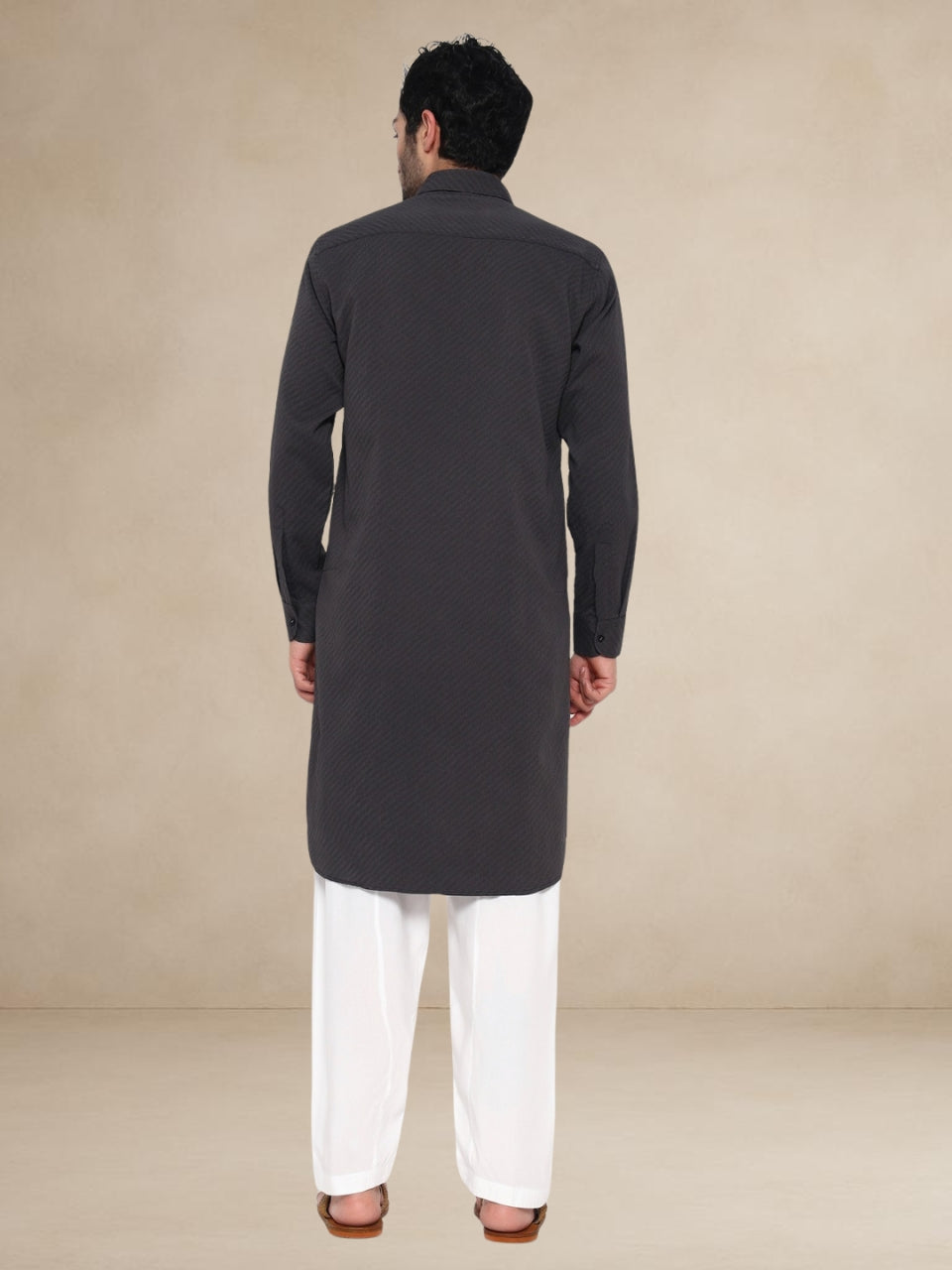 Charcoal Grey Textured Button-Up Pathani Suit