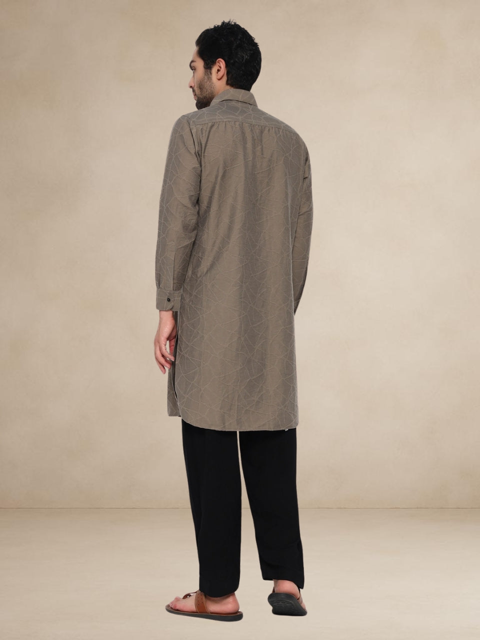 Taupe Abstract-Embroidered Popover Pathani Suit