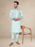 Embroidered Kurta Pyjama Set for Men Green