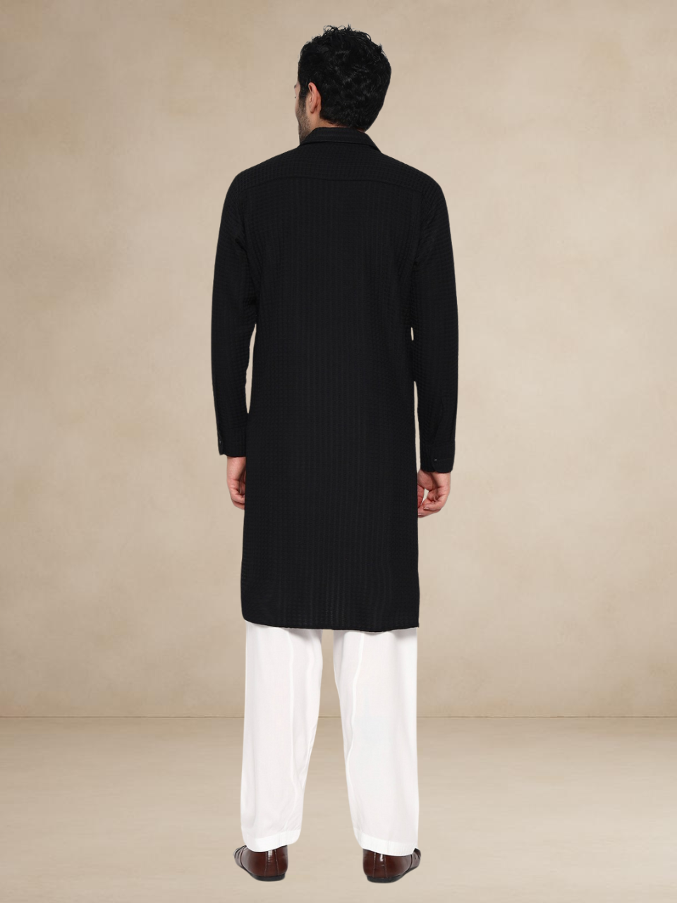Black Waffle-Textured Button-Up Pathani Suit