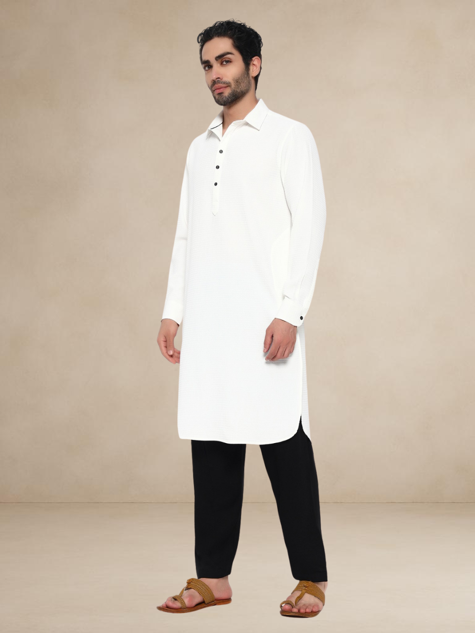 Plain White Textured Button-Up Pathani Suit