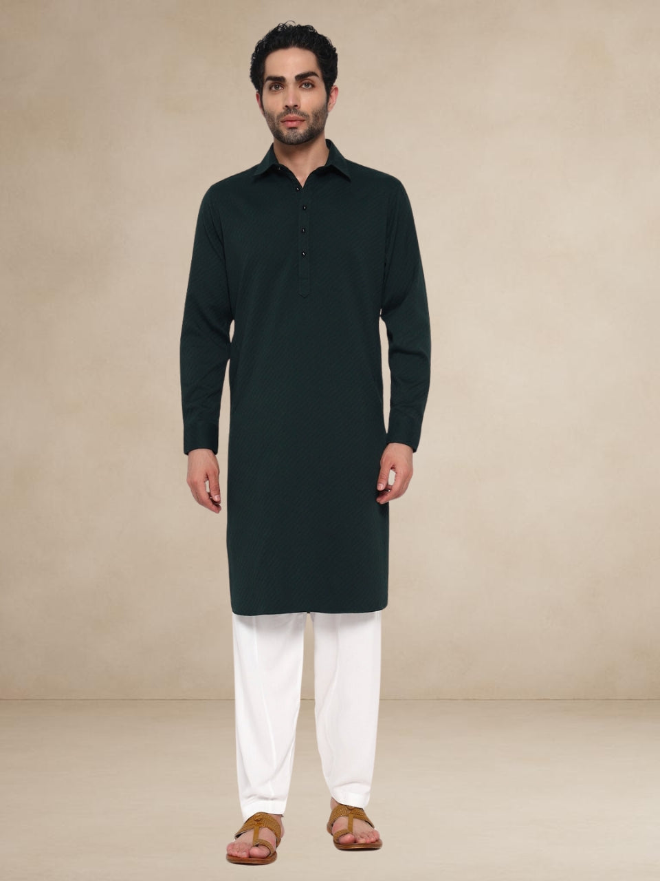 Dark Green Textured Button-Up Pathani Suit