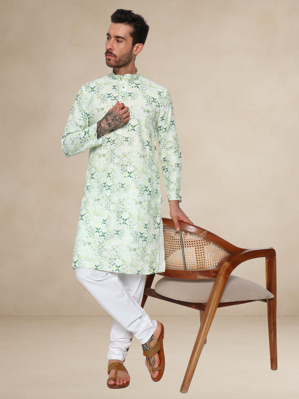 Mint Green Mehndi Kurta Pyjama Set for Men