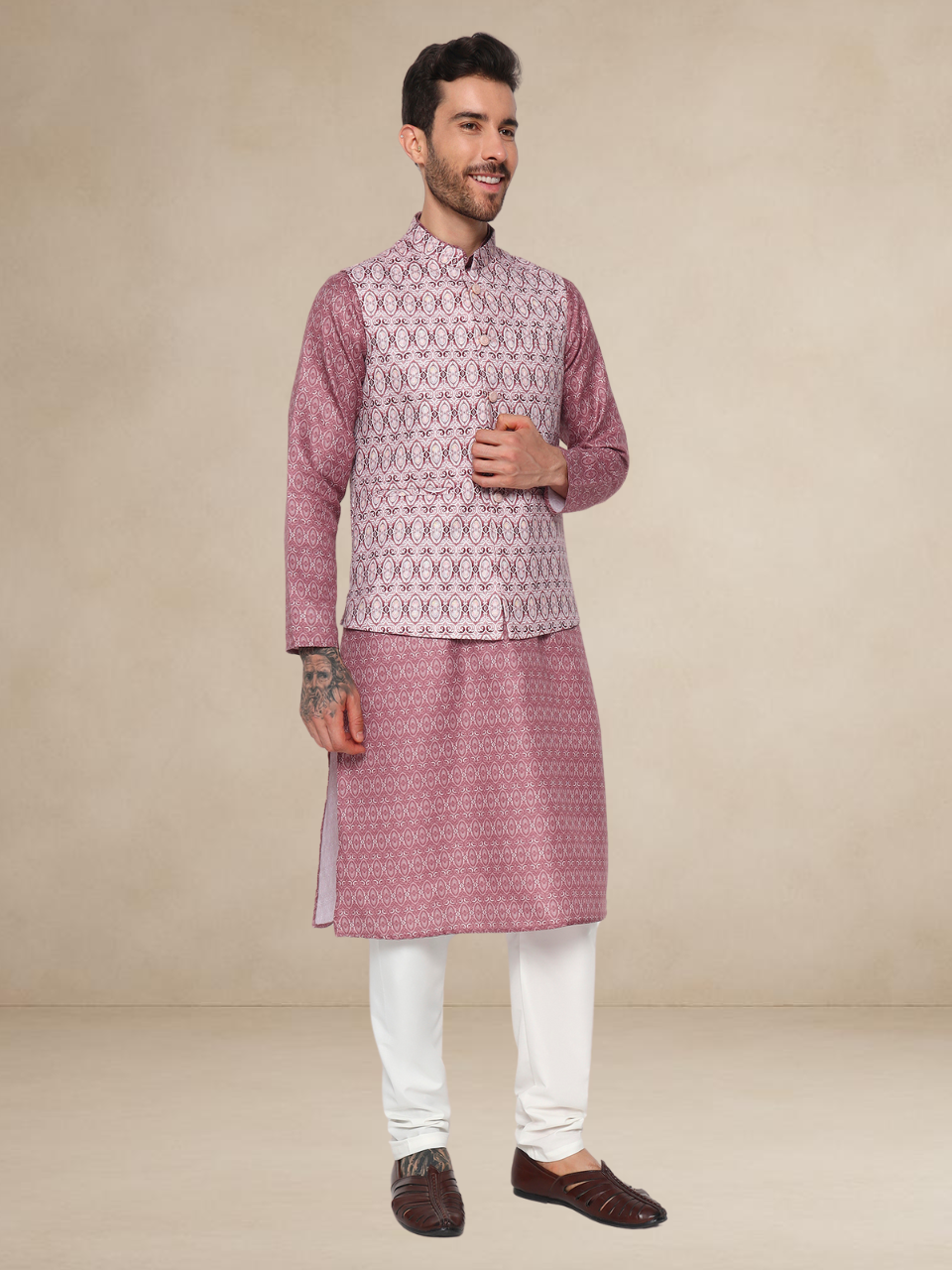Wine Kurta Pyjama Set with Printed Nehru Jacket