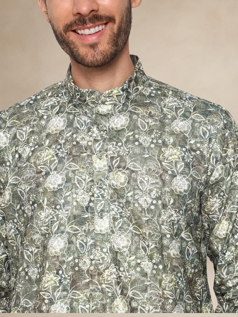 Olive Green Floral Kurta Pyjama Set Geometric