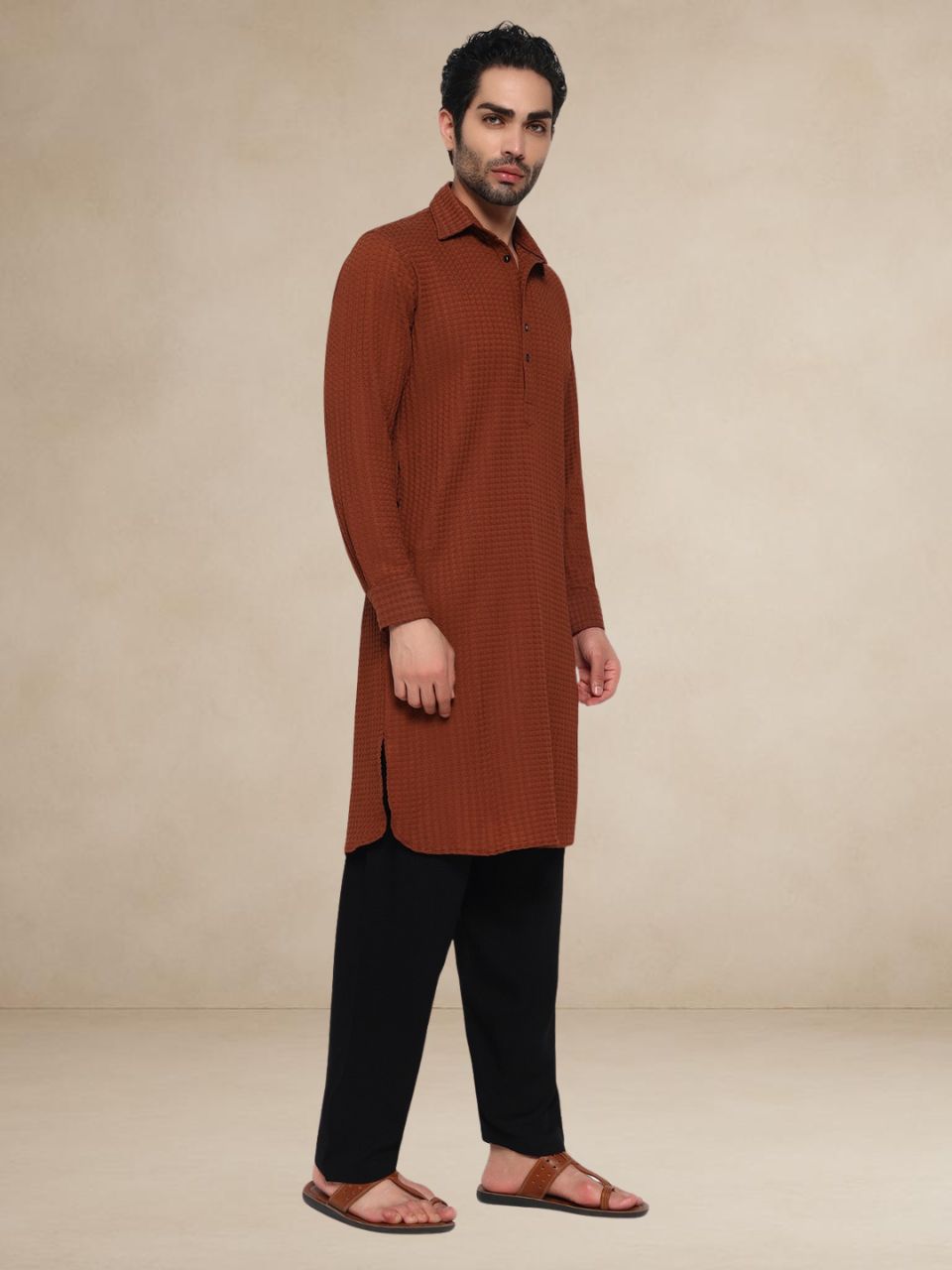 Rust Brown Waffle-Textured Popover Pathani Suit