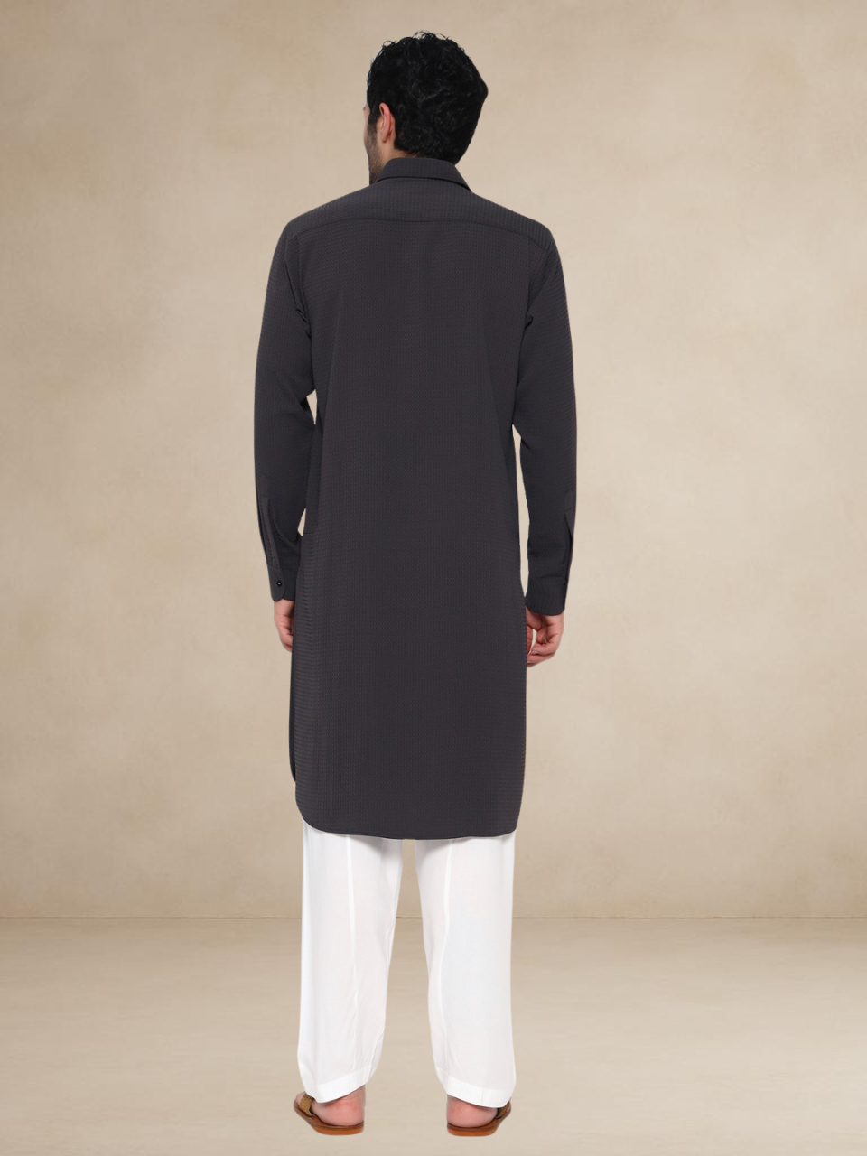 Plain Charcoal Grey Textured Button-Up Pathani Suit
