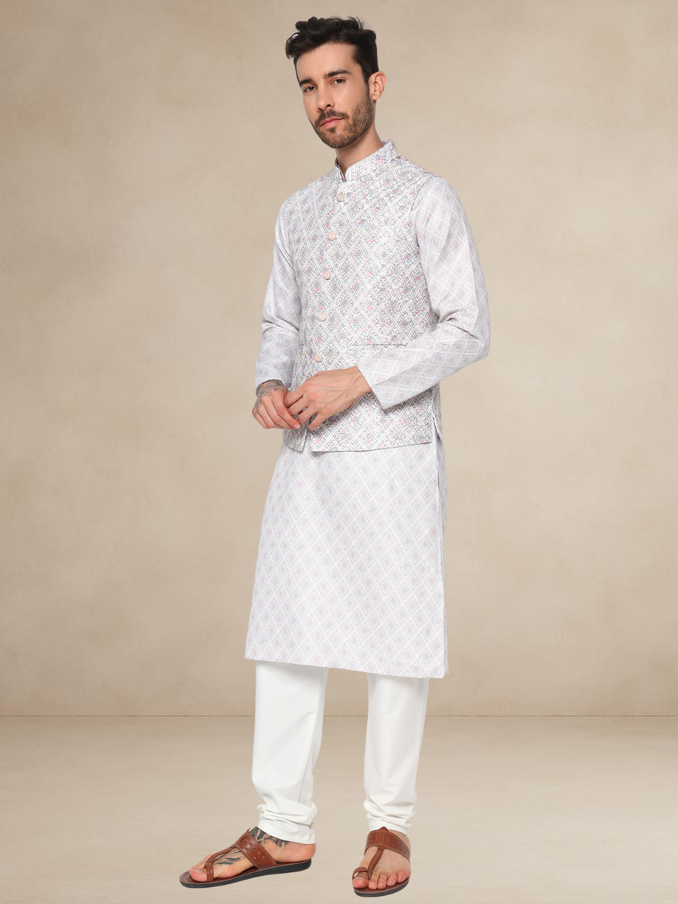 Stone Kurta Pyjama Set with Nehru Jacket