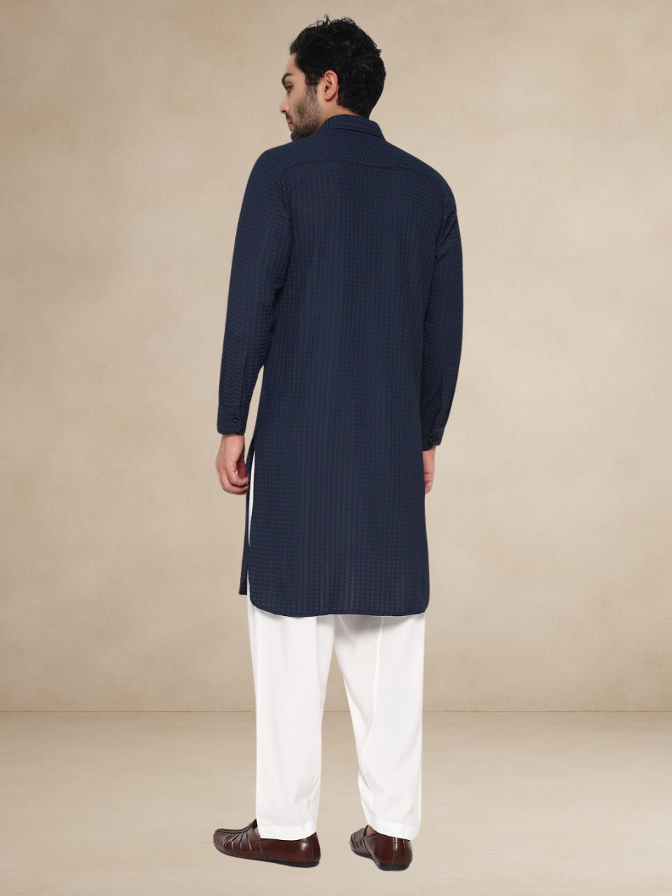 Navy Blue Waffle-Textured Popover Pathani Suit