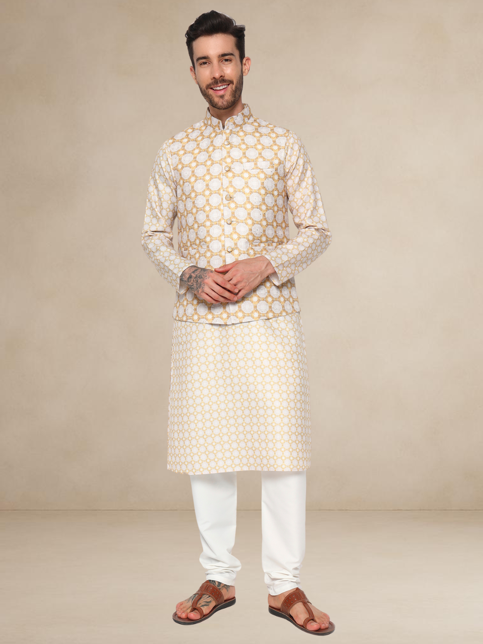 Ivory Gold Printed Kurta Pyjama Set with Nehru Jacket