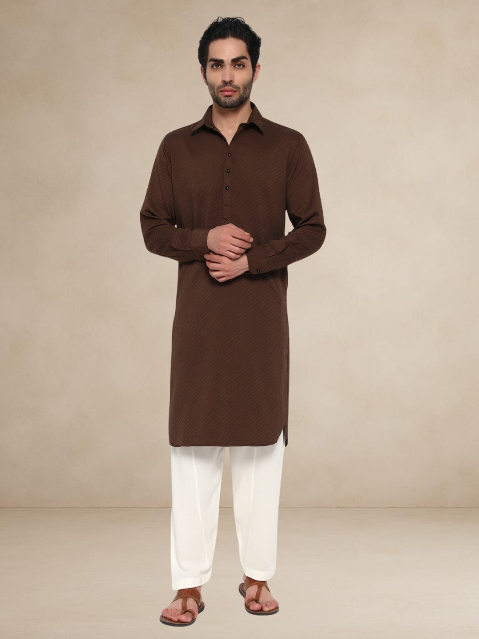 Brown Textured Button-Up Pathani Suit