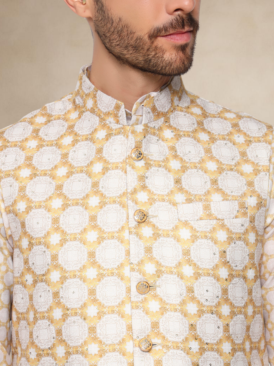 Ivory Gold Printed Kurta Pyjama Set with Nehru Jacket