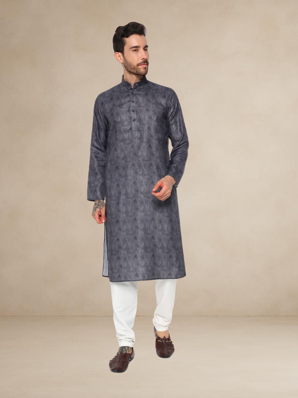 Charcoal Grey Kurta Pyjama with Printed Nehru Jacket