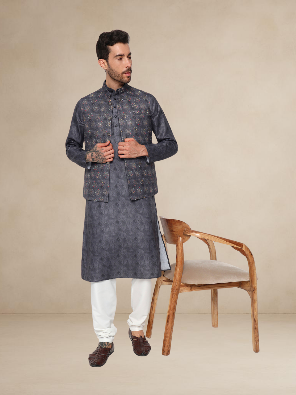 Charcoal Grey Kurta Pyjama with Printed Nehru Jacket