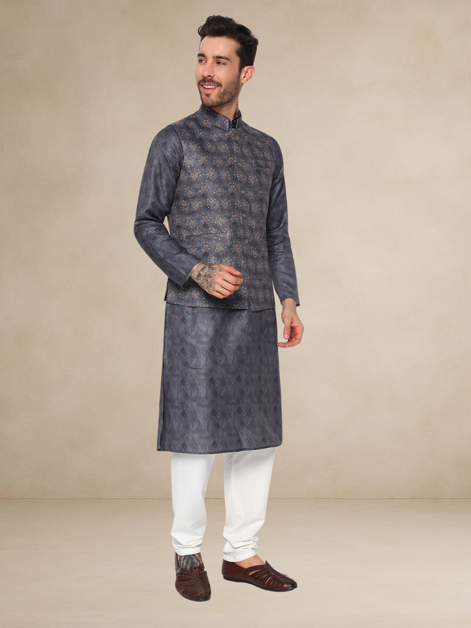 Charcoal Grey Kurta Pyjama with Printed Nehru Jacket