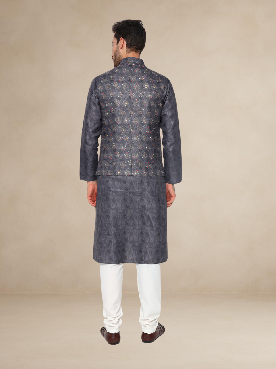 Charcoal Grey Kurta Pyjama with Printed Nehru Jacket