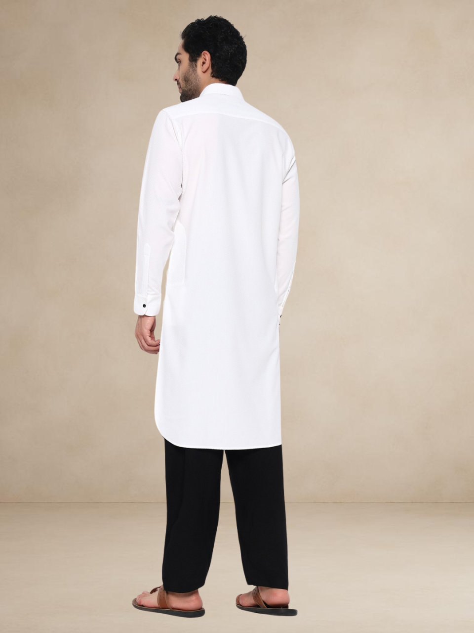 White Textured Button-Up Pathani Suit