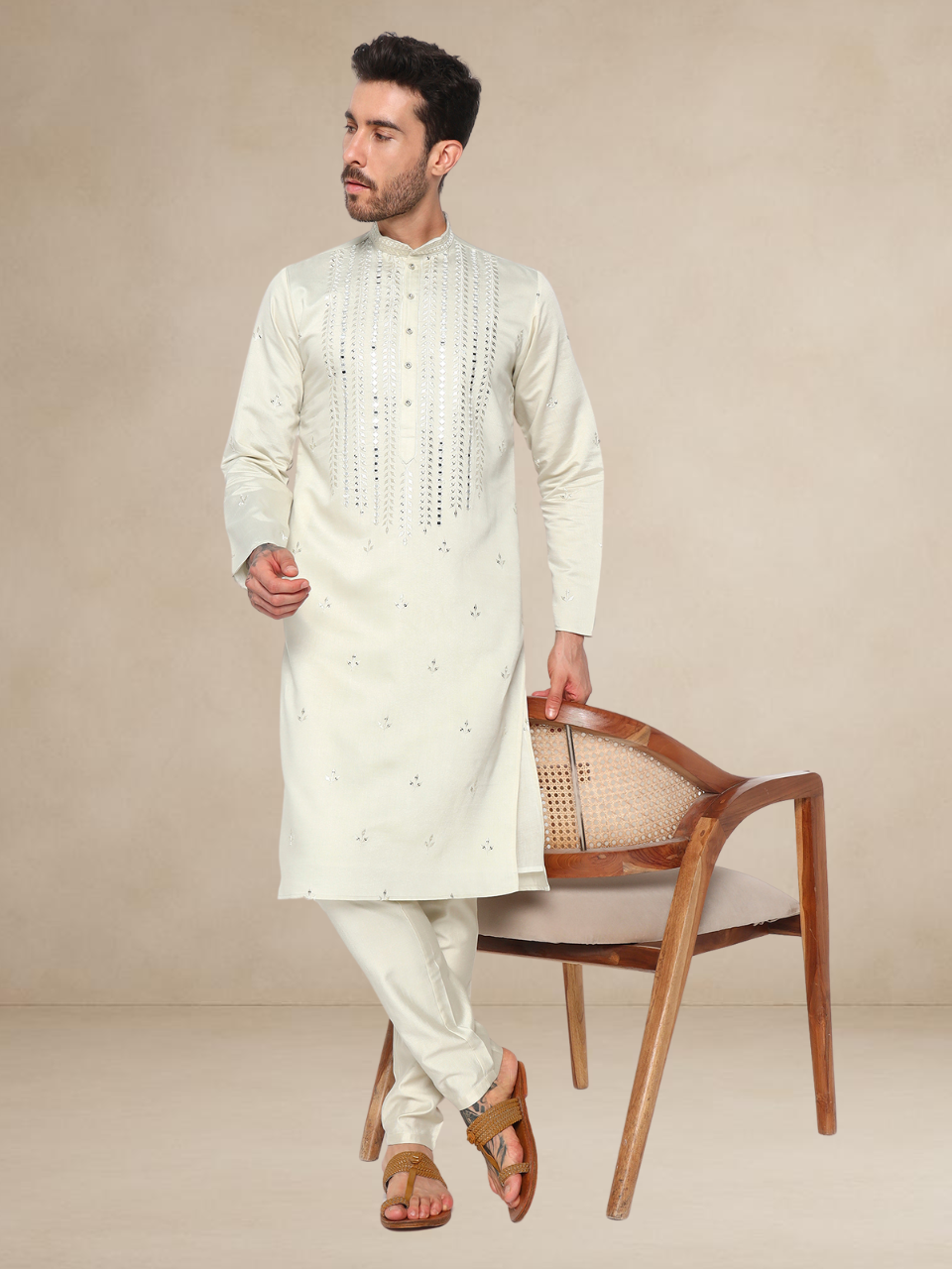 Embroidered Kurta Pyjama Set for Men Beige