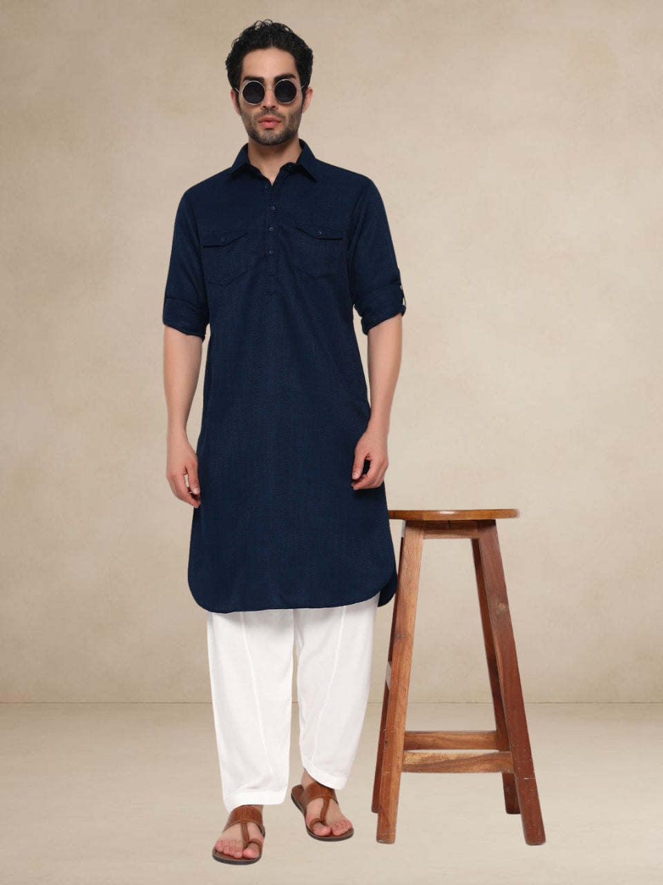 Navy Blue Textured Utility Pathani Suit