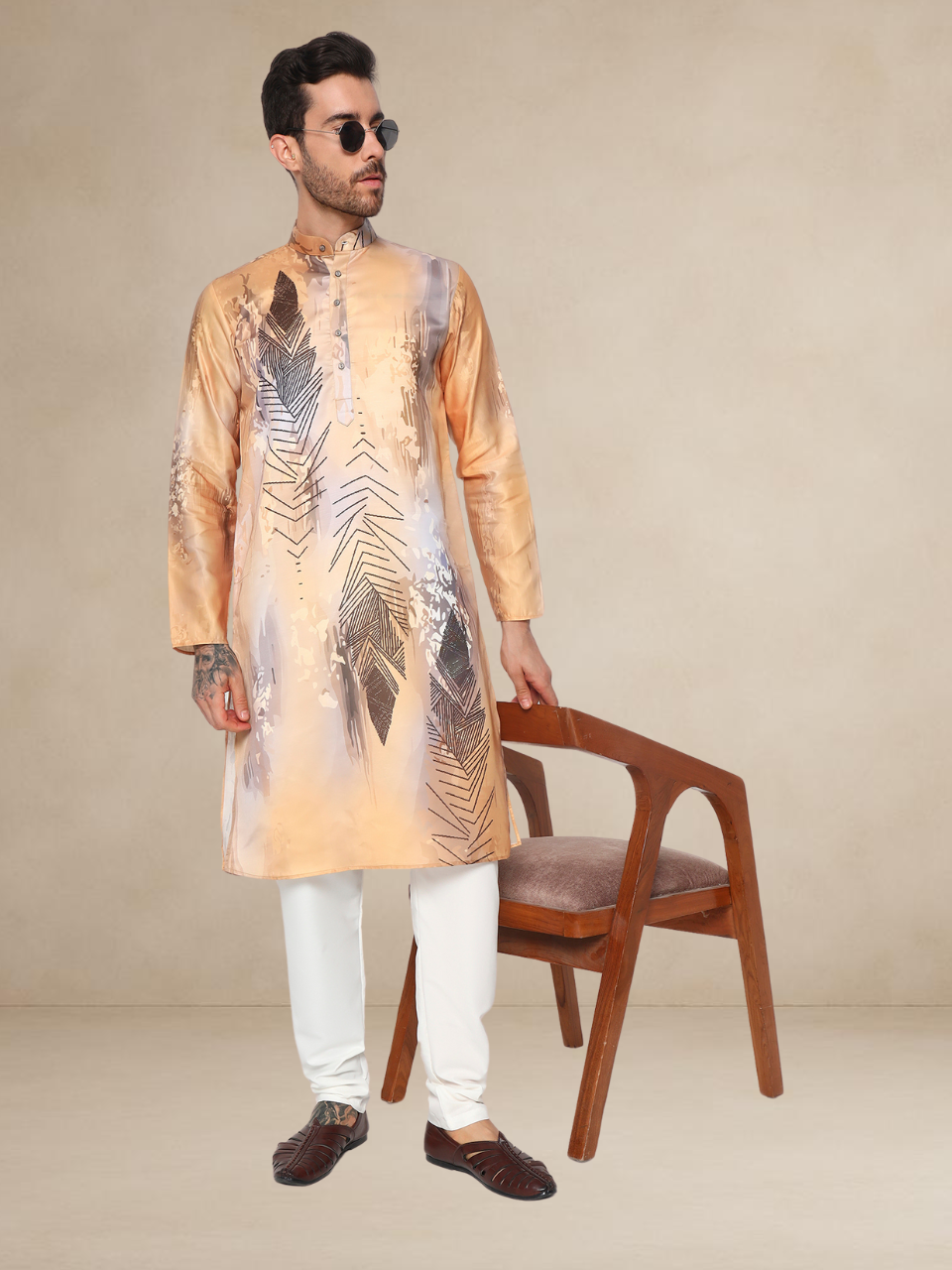 Designer Kurta Pyjama Set – Abstract Leaf Print | Bettino haldi