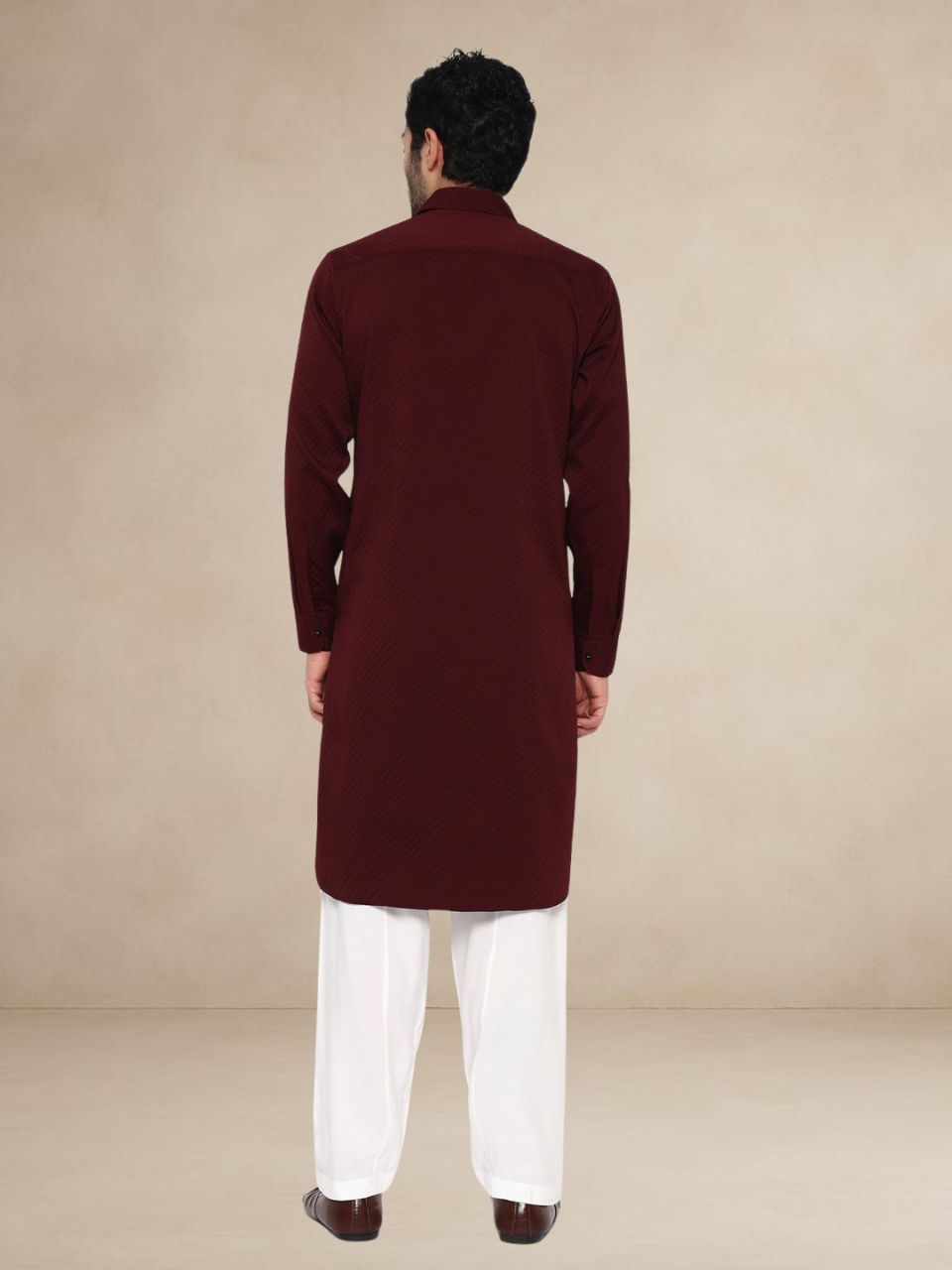 Burgundy Herringbone-Textured Popover Pathani Suit