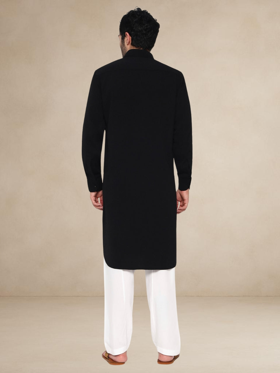 Plain Black Textured Button-Up Pathani Suit