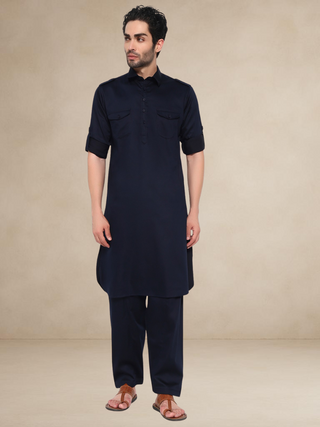 Military Style Pathani Suit - Navy Blue