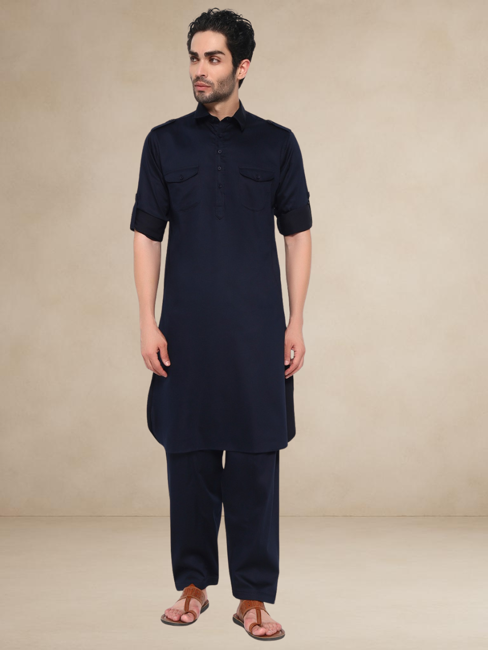 Navy Blue Military-Style Pathani Suit