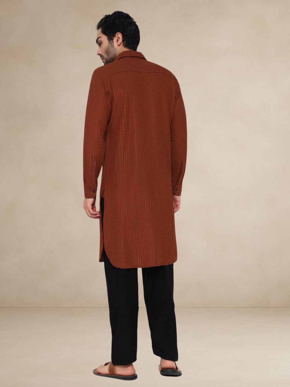 Rust Brown Waffle-Textured Popover Pathani Suit