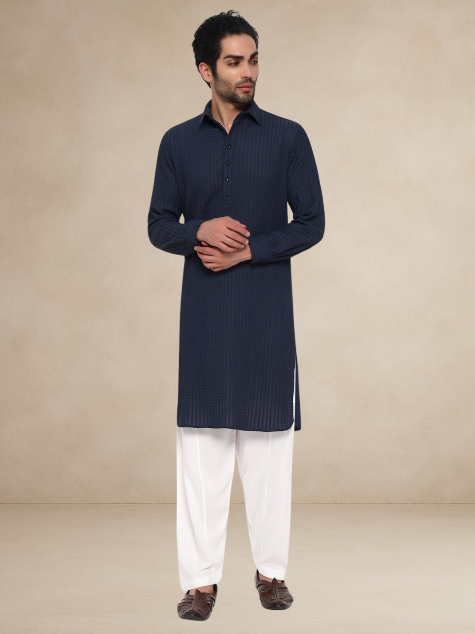 Navy Blue Waffle-Textured Popover Pathani Suit