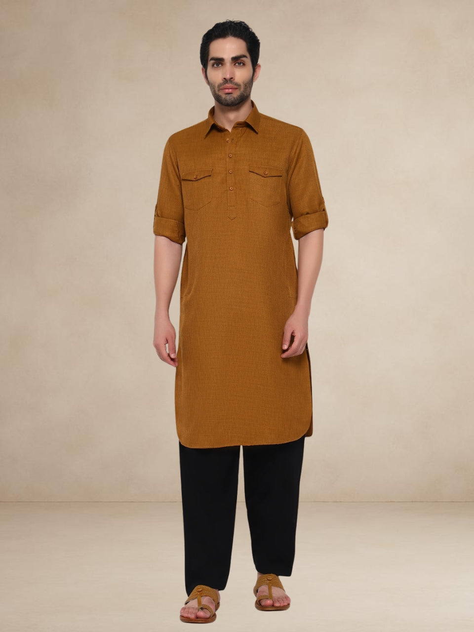 Textured Utility Pathani Suit Mustard